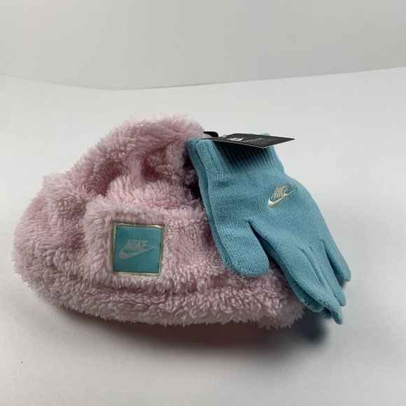 Nike Youth 2-Piece Set One Size Pink Aqua Winter Beanie‎ Hat with Gloves S8294 - Picture 1 of 6